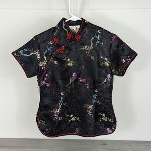 100% Silk Womens Traditional Chinese Dark Bright Floral Side Zip Top Blouse sz S